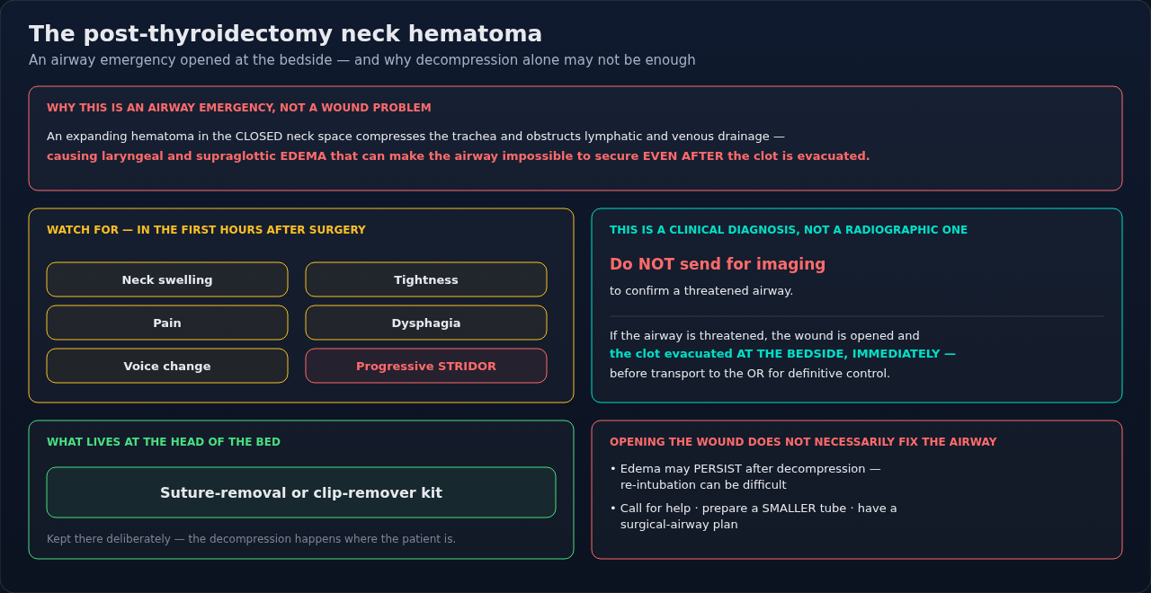 The post-thyroidectomy neck hematoma, from the signs that announce it through opening the wound at the bedside. The emphasis is that decompression alone may not hand you back an easy airway.