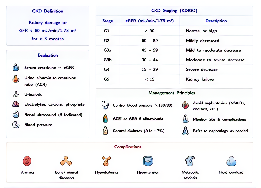 Chronic kidney disease, defined and staged. The definition is kidney damage, or a glomerular filtration rate below 60 mL/min/1.73 m², persisting for three months or more. The KDIGO table then splits t