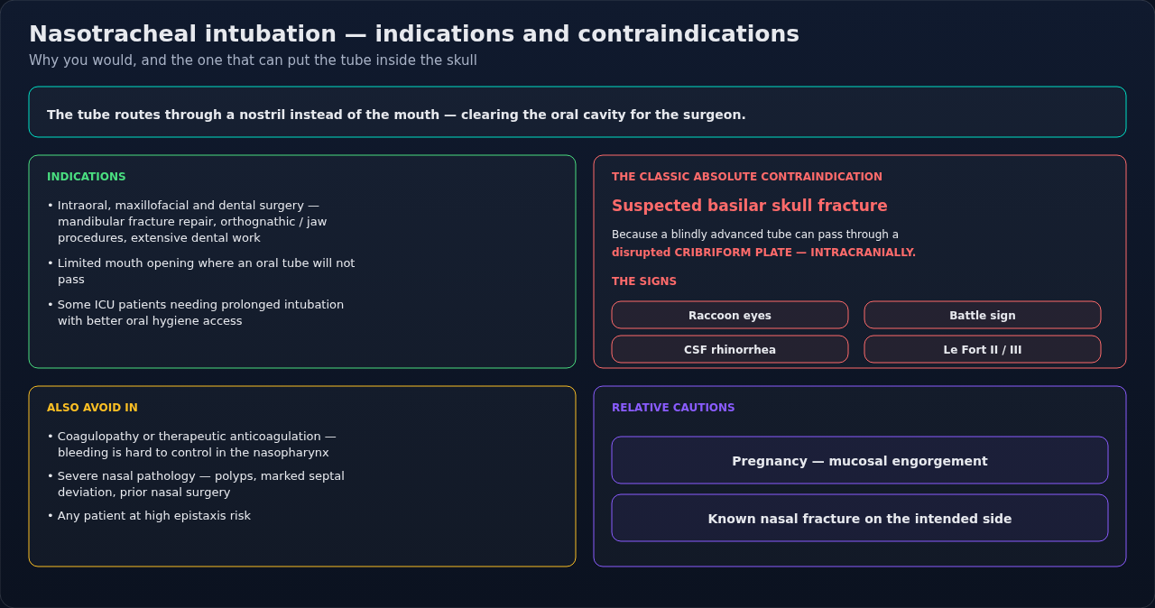 When nasotracheal intubation is the right route and when it is not, with the reasoning behind each contraindication. The contraindications carry more weight here than the indications do.