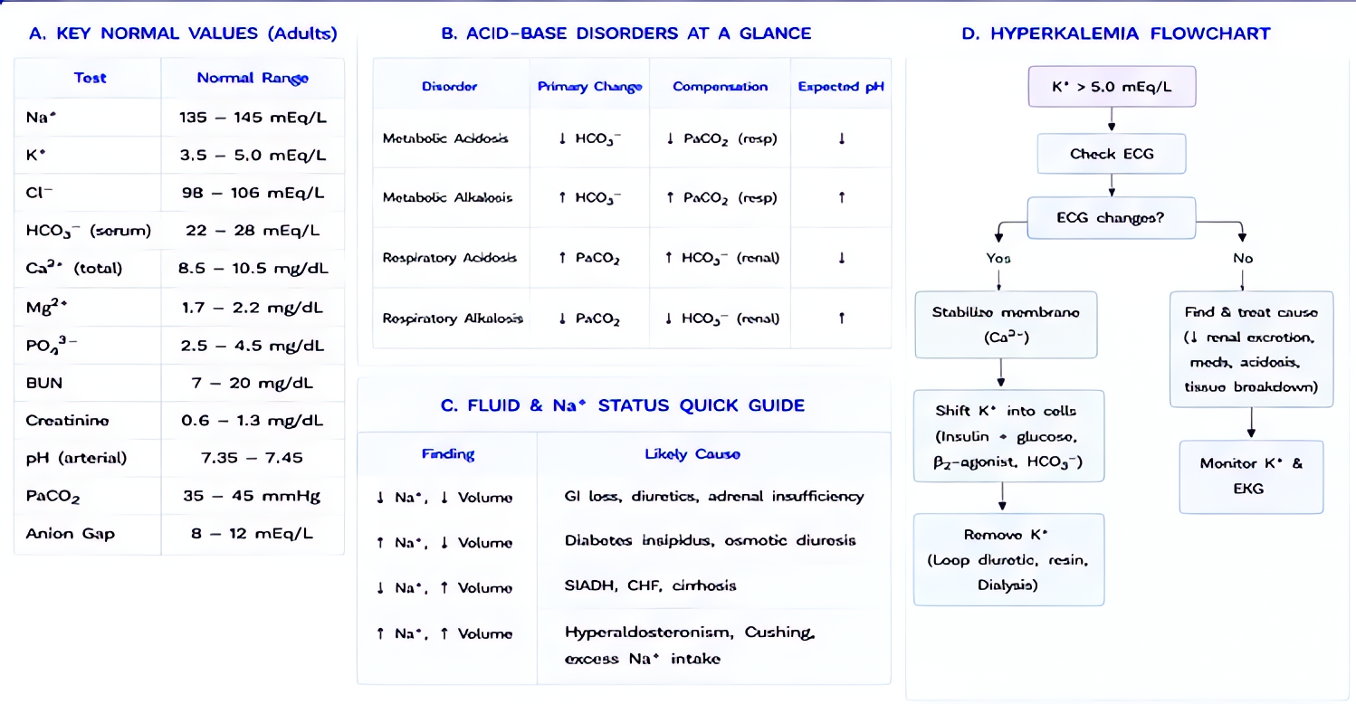 Acid-base and electrolyte quick reference: normal adult lab values, acid-base disorders at-a-glance (primary change/compensation), fluid & Na status guide, and a hyperkalemia management flowchart (cal