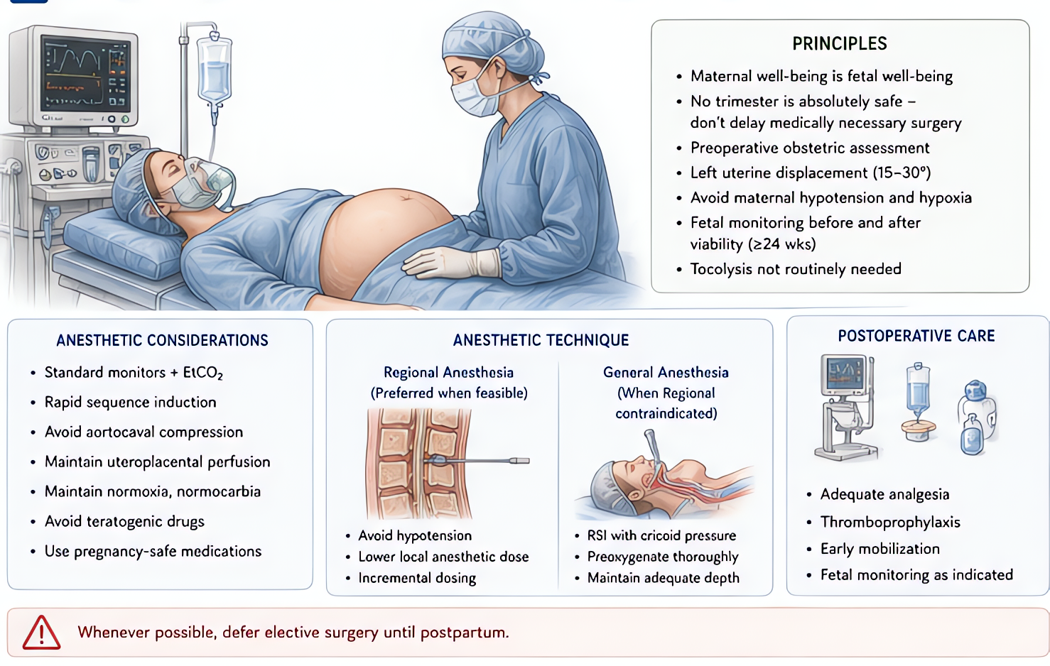 Anesthesia for non-obstetric surgery in pregnancy: principles include avoiding hypotension, ensuring left uterine displacement after 20 weeks, maintaining normocapnia, and fetal heart monitoring; pref